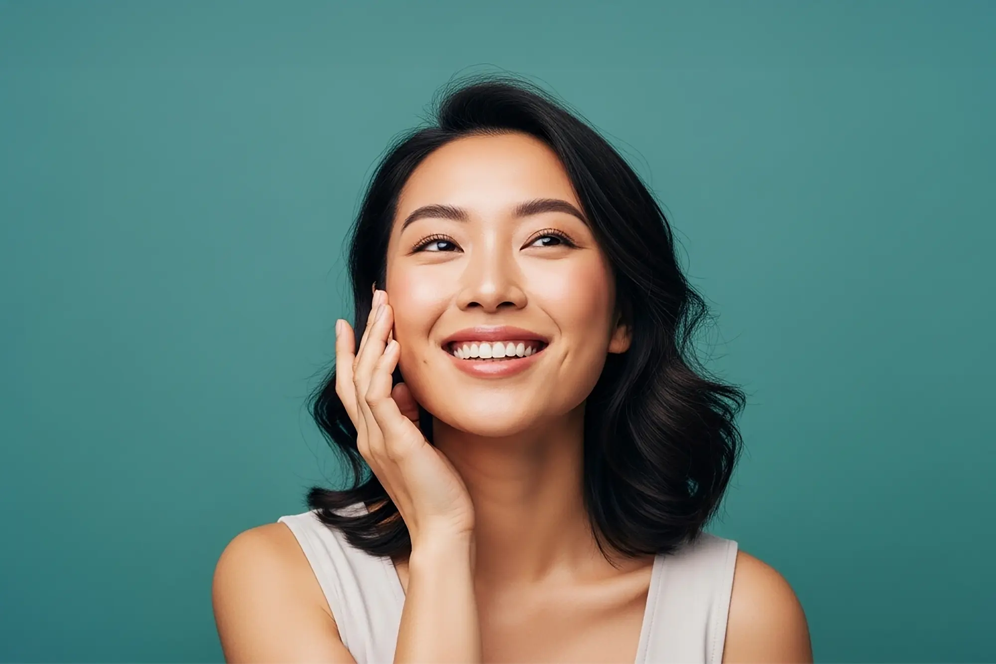 A woman touching her face