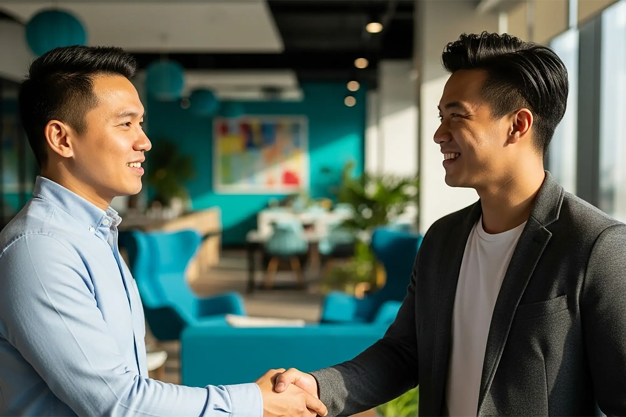 Two men shaking hands in a hipster office
