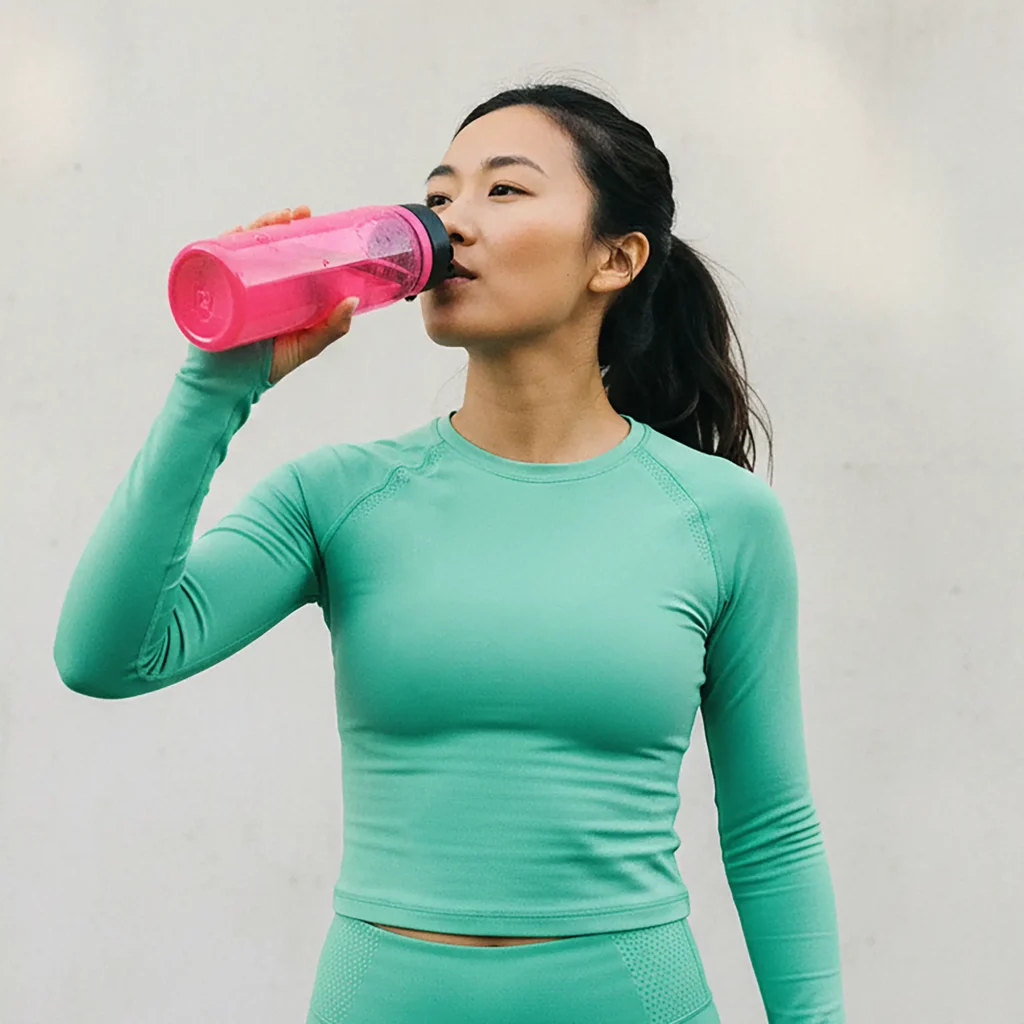 A woman wearing athletic clothes and drinking water from a pink water bottle